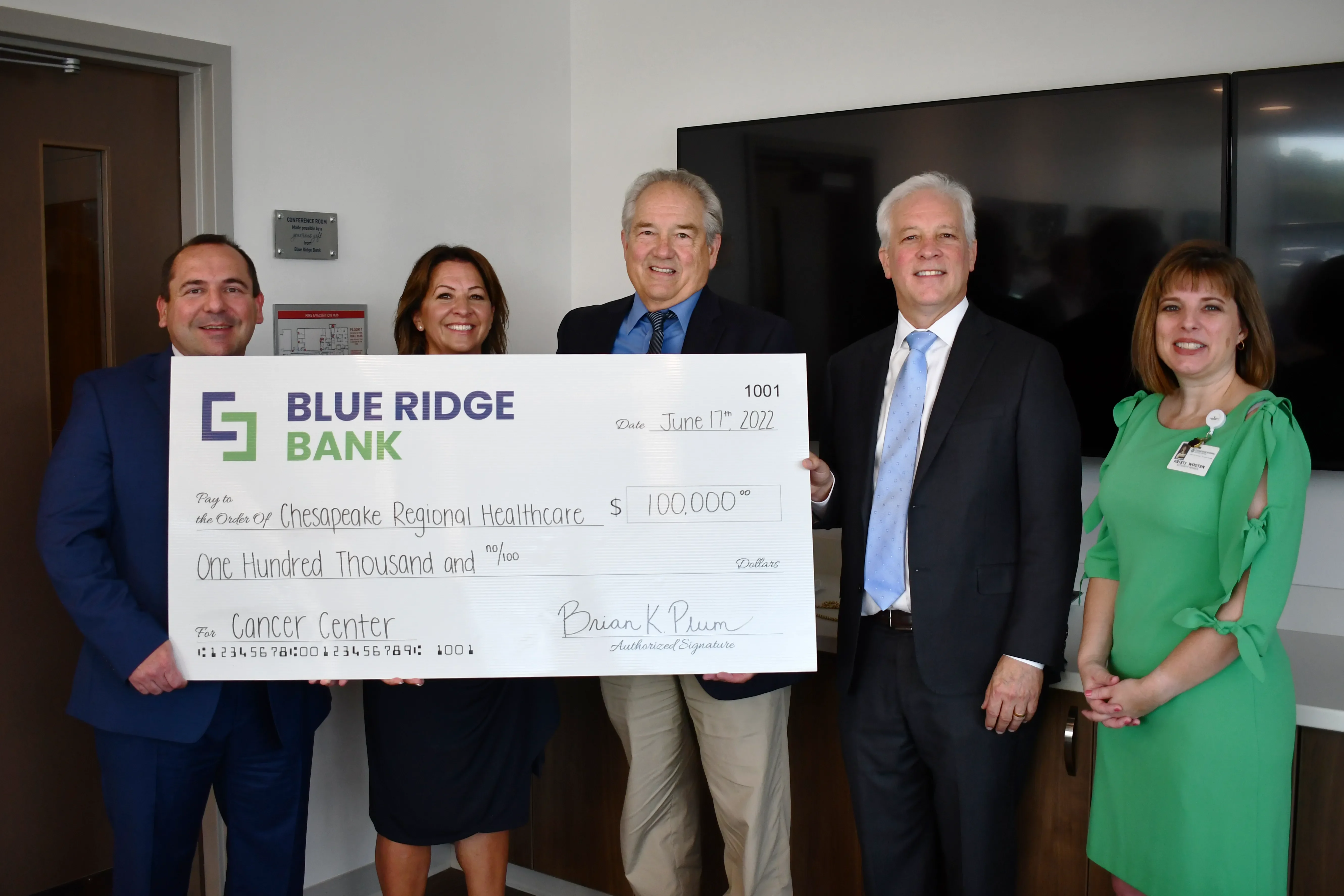 Blue Ridge Bank Names Conference Room Awards 100,000 Donation to